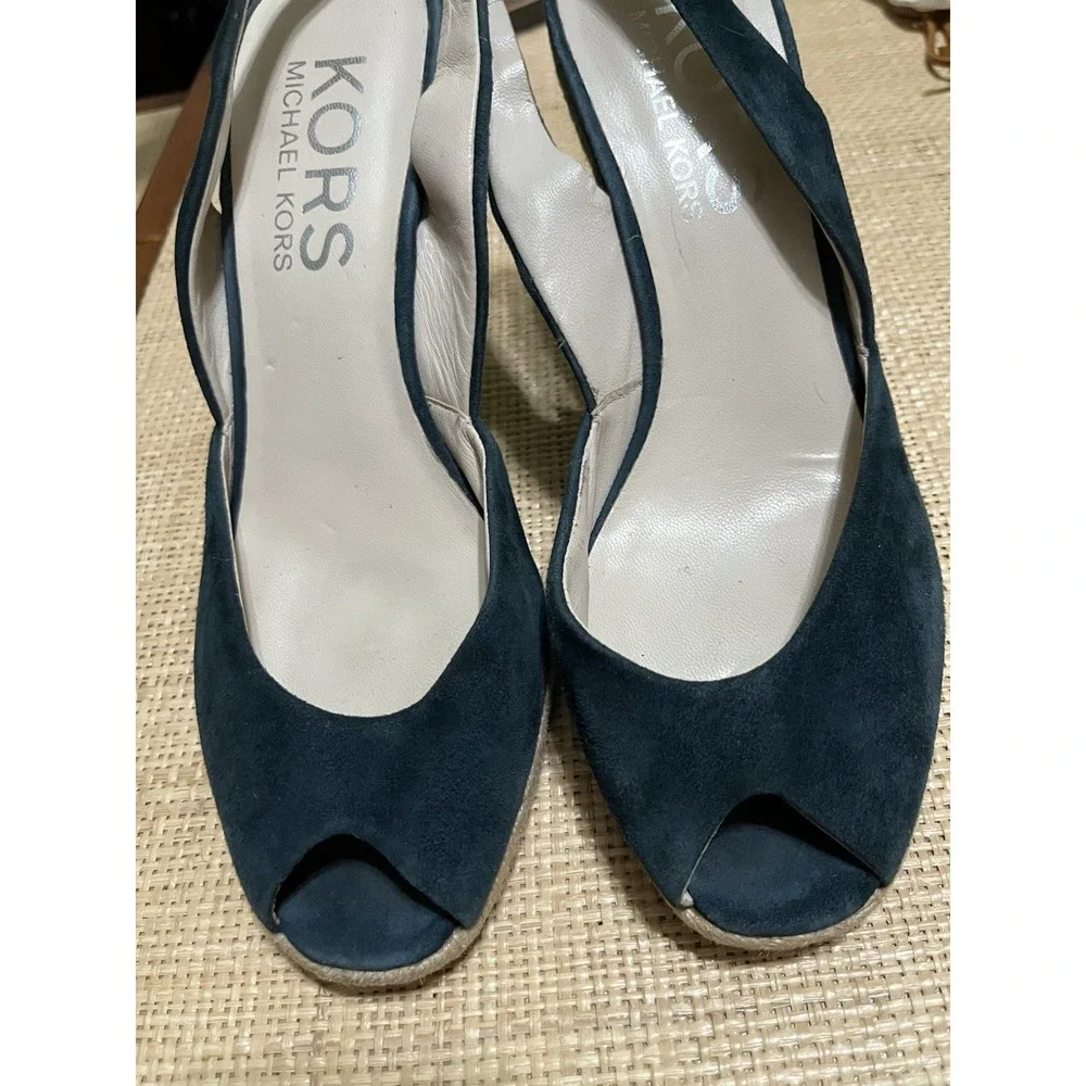 Michael Kors‎ Blue Suede Leather 7.5 Peep Toe Sling Back Wedge Espadrille Heels